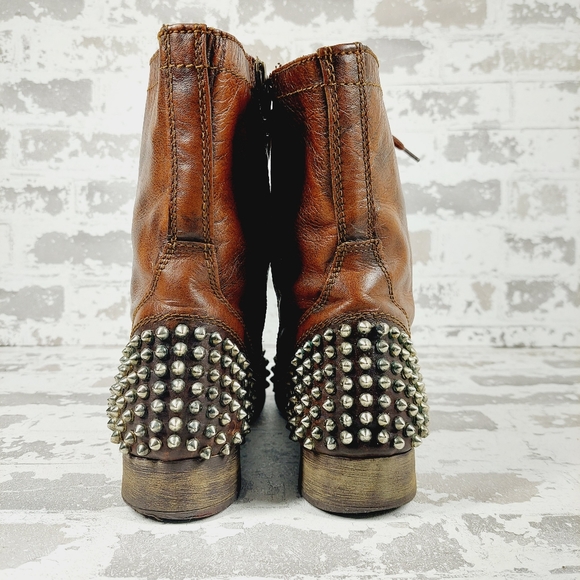 Steve Madden Tarnney Brown Leather Side Zip Lace Up Studded Combat Boots i764 - Picture 6 of 11